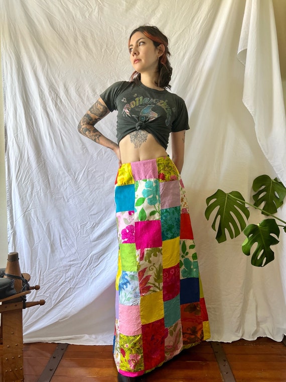 1960s Patchwork Skirt / Silk Quilted Skirt / Cotta