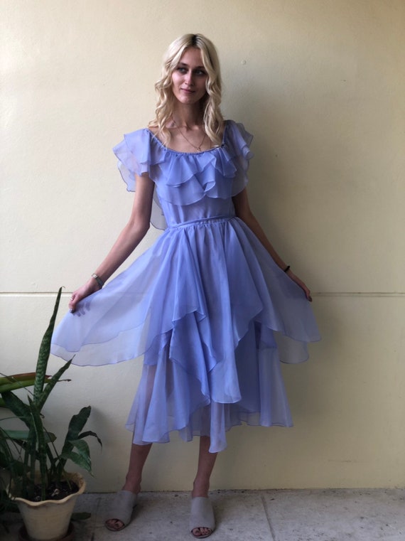 80s Party Dress / Chiffon Flutter Sleeves Petal Sk
