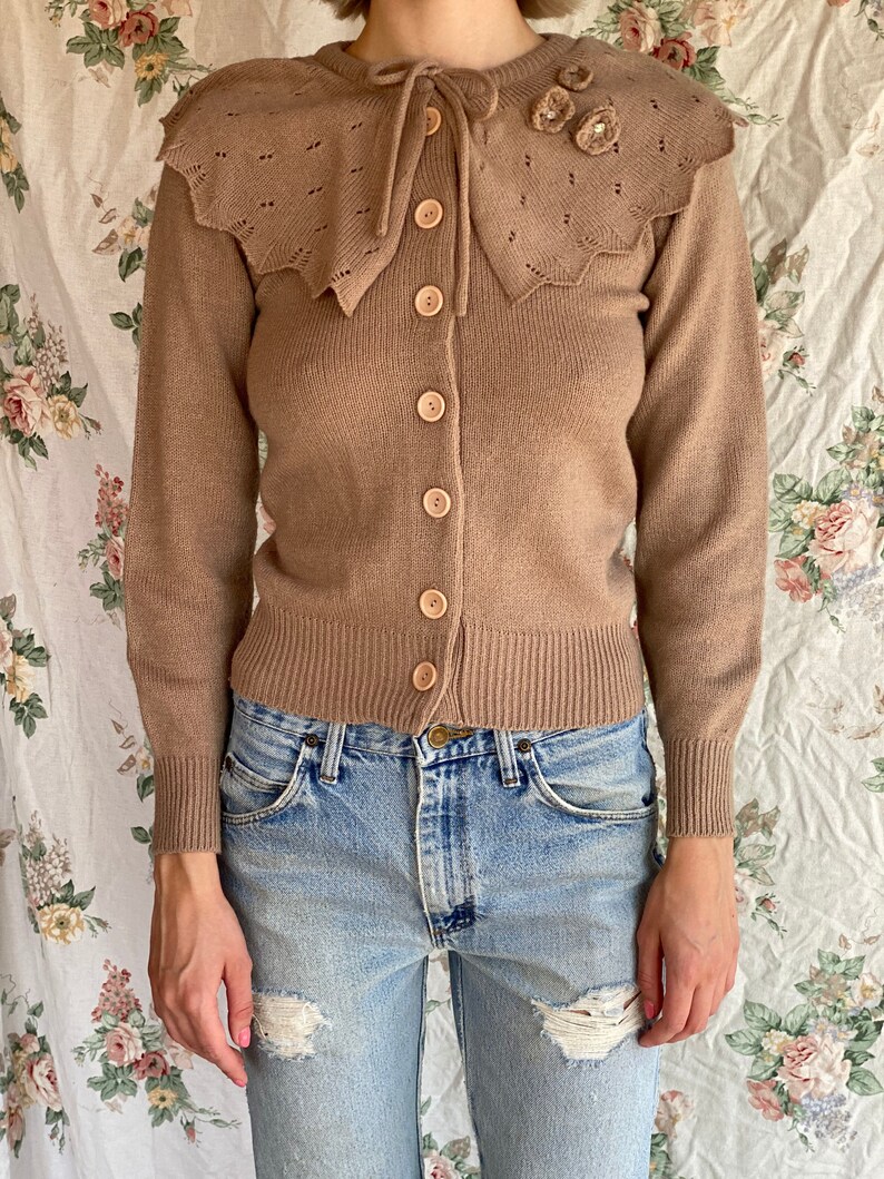 Vintage Cardigan / Knit Sweater with Cape Sequins and 3D Flowers / Hipster Knitwear / Cozy Winter / 80's Granny Sweater image 4