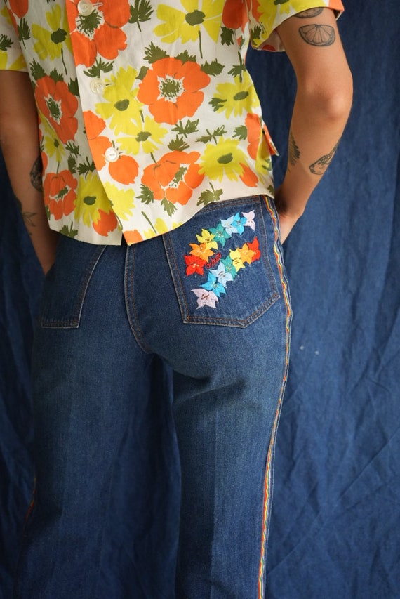 70's Embroidered Jeans / Rainbow Dark Wash Denim … - image 5