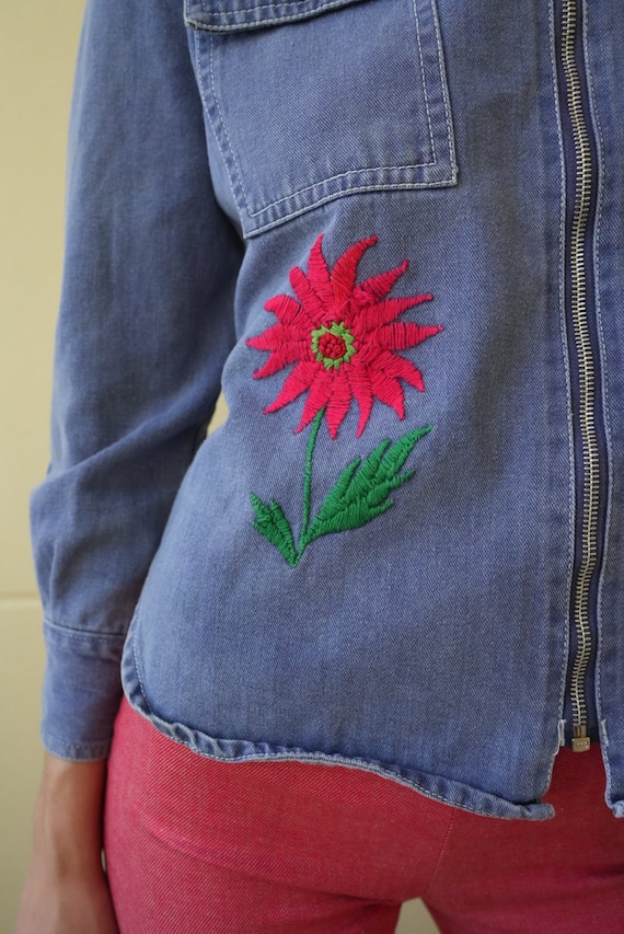 1970's Denim Jacket / Embroidered Floral Mushroom… - image 7