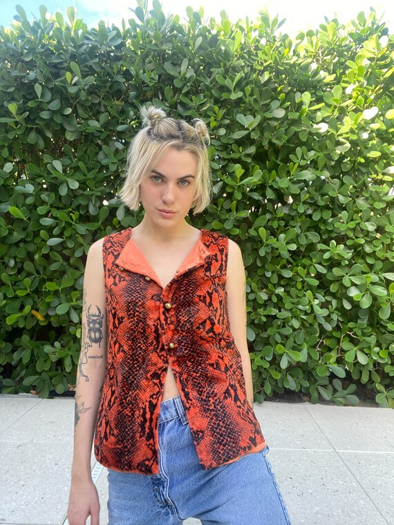 60's Velvet Vest /Reptile Printed Acid Orange Vel… - image 4