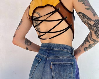 90's Patchwork Leather Crop Top / Y2k backless Leather / Strappy Top / Burning Man