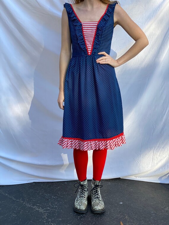 Vintage Summer Dress / Swiss Dotted Blue Red and … - image 3