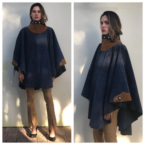 1970's Leather Cape / Studded High Neckline Suede