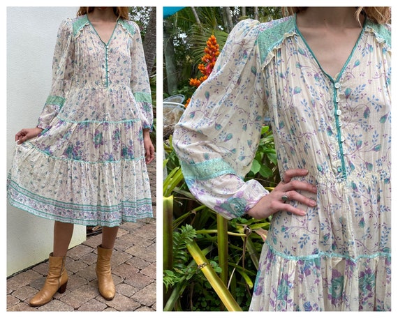 1970's Indian Cotton Dress / Tissue Thin Floral P… - image 1