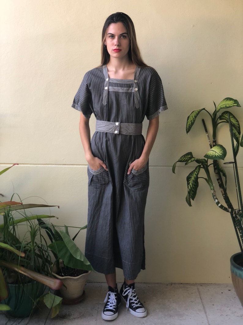 Antique Chore Dress / 1910's Cotton Workwear Tunic / Gray Calico Printed Dress / Original Workwear Dress / Teens Antique / Check Dress image 4