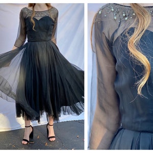 Vintage Cocktailkleid / Ben Reig 50er Jahre Party Cocktailkleid / Schwarzes Chiffonkleid mit Perlenbesetztem Ausschnitt / Urlaubskleid
