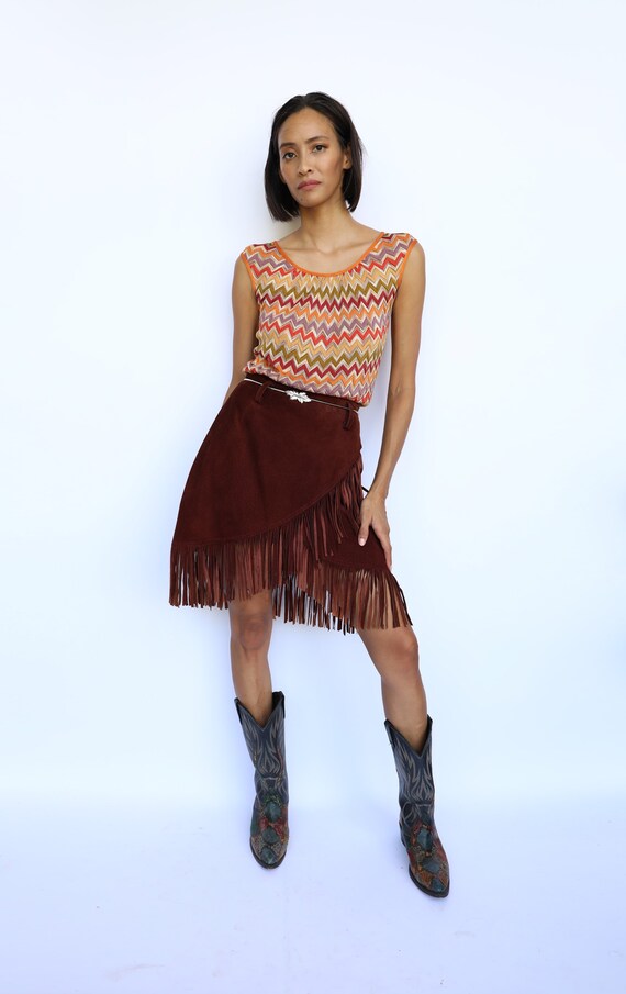 Leather Mini Skirt / Fringe and Wrap Skirt / Seven