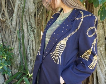 80's Linen Jacket / Gold Embroidery Rope and Tassels With