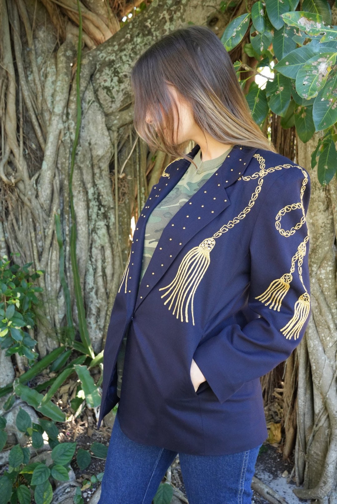 80's Linen Jacket / Gold Embroidery Rope and Tassels With