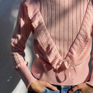 80s Pink Sweater / Ribbon Sweater / Knit 1980's Sweater / Vintage Slim Cut Fit Sweater Knitwear / Baby Pink Cute Sweater image 2