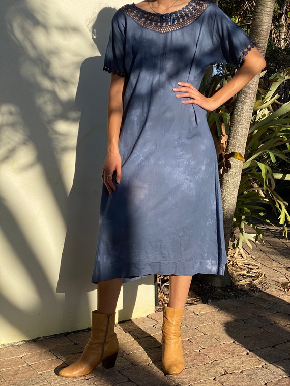 haute hippie crochet dress Antique Night Gown / Crochet Neckline / Haute Hippie Dress / Festival /  Very Old Nightwear / Hand Dyed Indigo Blue Dress