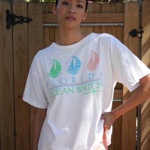 90&#39;s Vintage Florida Ocean Watch Tshirt / 90&#39;s Cotton T-shirt / Lifeguard Boat Ocean Beach Tee