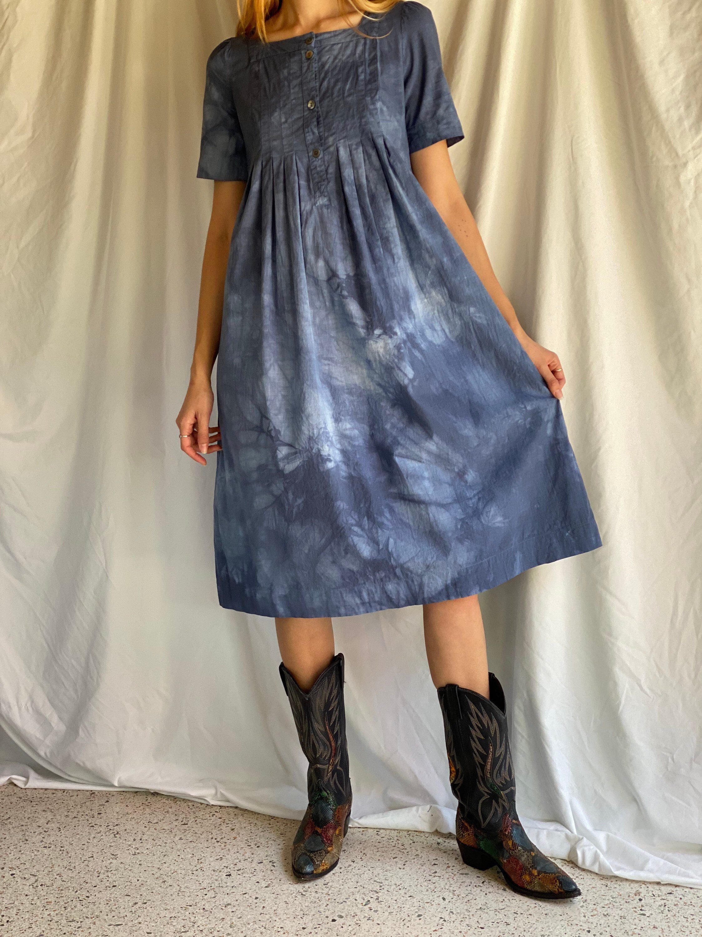 Vintage Laura Ashley Dress/Indigo Dyed Ghost Check Plaid Printed Cotton Pleated Bust Bodice Tent 1990's