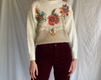 Vintage Bead Sweater / 80’s Appliqué Popcorn Knit Sweater / Knubby Sweater / Slouchy Sweater / Nubby Sweater