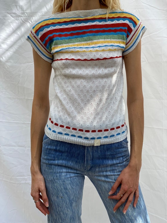 Stripe 70's Knit Top / Boat Neck Sweater / 1970's… - image 1