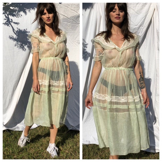 1930s Sheer Dress / Cotton Organza / Chartreuse Dr