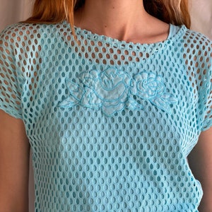 80's Mesh Shirt / Netted Sheer shirt / Mesh Summer Top / See Through Floral Shirt / Beach Cover Up / Aqua Blue Layer Shirt image 7