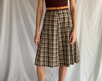 1950's Skirt / Cotton A-Line Midi Skirt / Plaid Cotton Skirt / Picnic Skirt / Workwear Work Skirt / Retro CEO Secretary Skirt