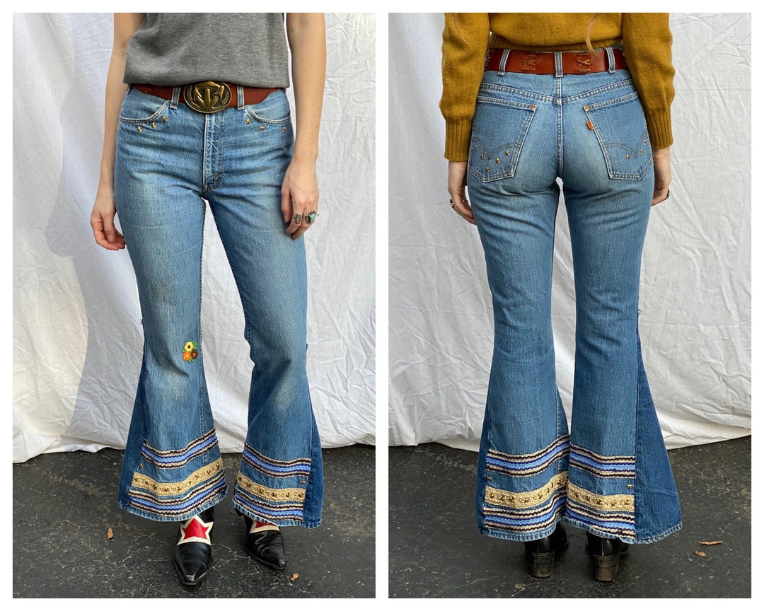 Vintage 70s Denim Bell Bottom Jeans cloth patchwork, Come Up