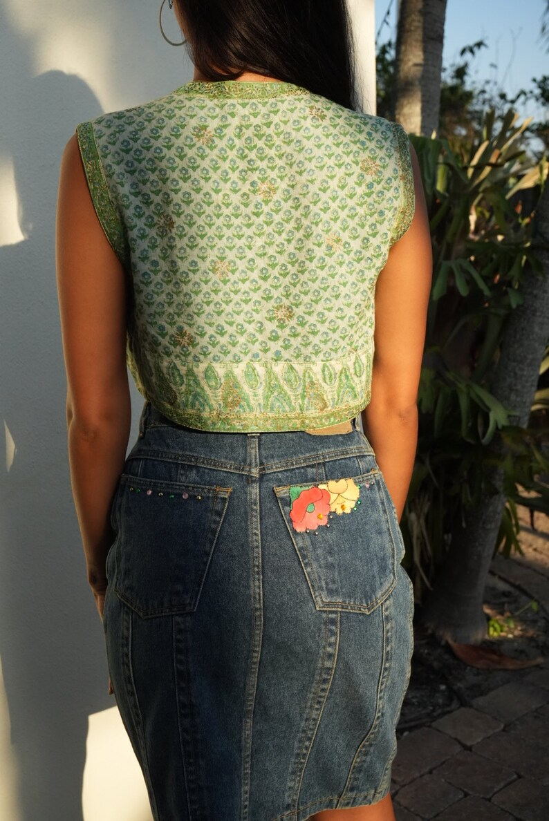 Vintage Hippie Vest / 1970's Indian Cotton Gold Stamped Waist Coat / Crop Top / Mint Green Haute Hippie Waist Coat / Bohemian image 5