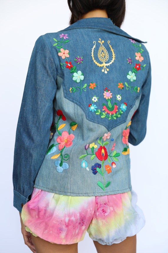 1970's Denim Jacket / Embroidered Floral Patchwork