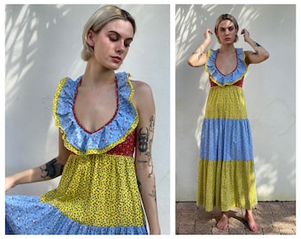 1960's Halter Dress / Novelty Strawberry Printed Little Prairie Cotton Maxi Dress / Open Back Sexy Late Sixties Haute Hippie Boho Dress