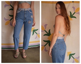 90's Mom Jeans / Gingham Patchwork Nineties Denim / High Waist Light Wash Denim / Nineties mom Jeans / Floral Quilt Patched