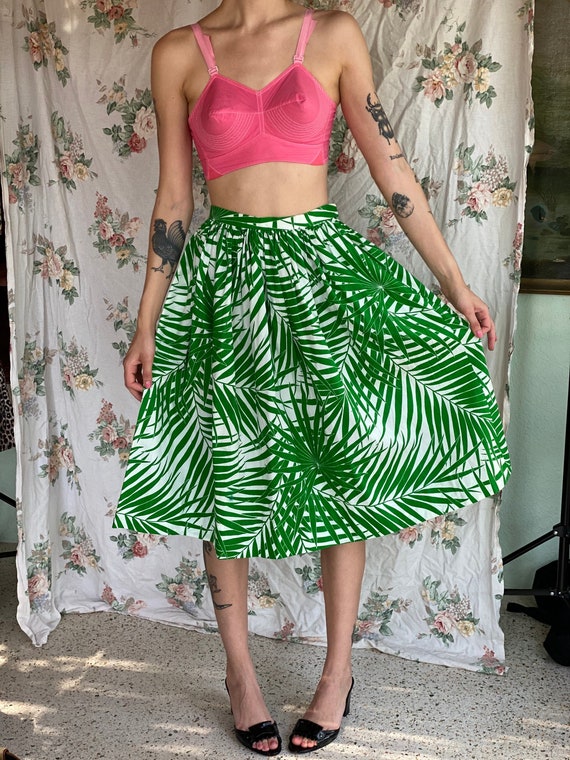 1950's Palm Leaf Print Midi Skirt / Cotton Skirt /