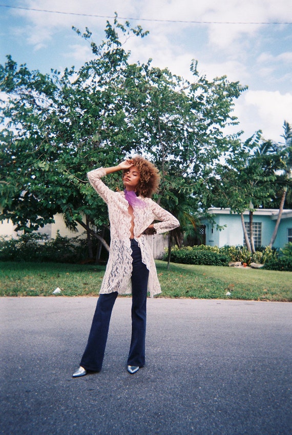 1970's Lace Duster Blouse / Baby Pink Cream Lace S