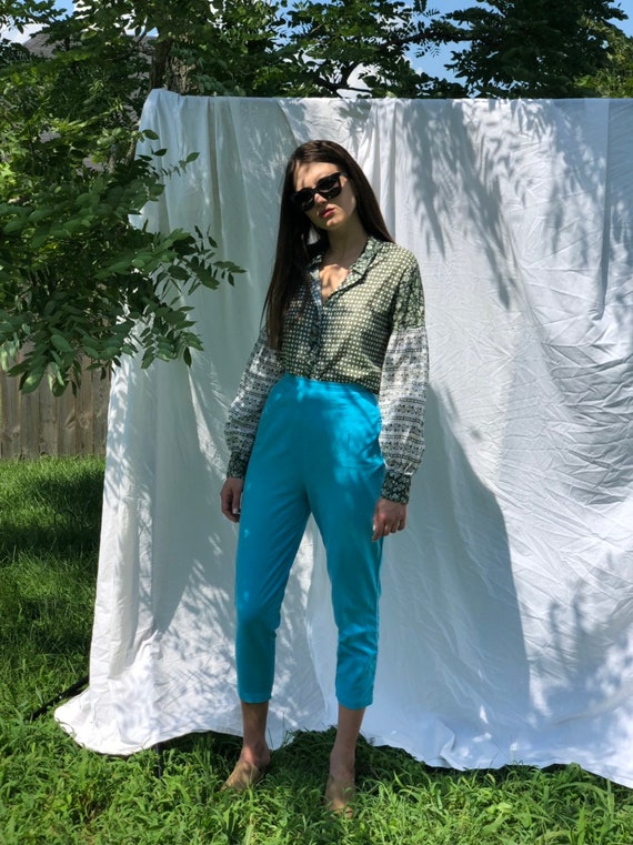 1950's Cigarette Pants / Aqua Blue Cotton Fifties