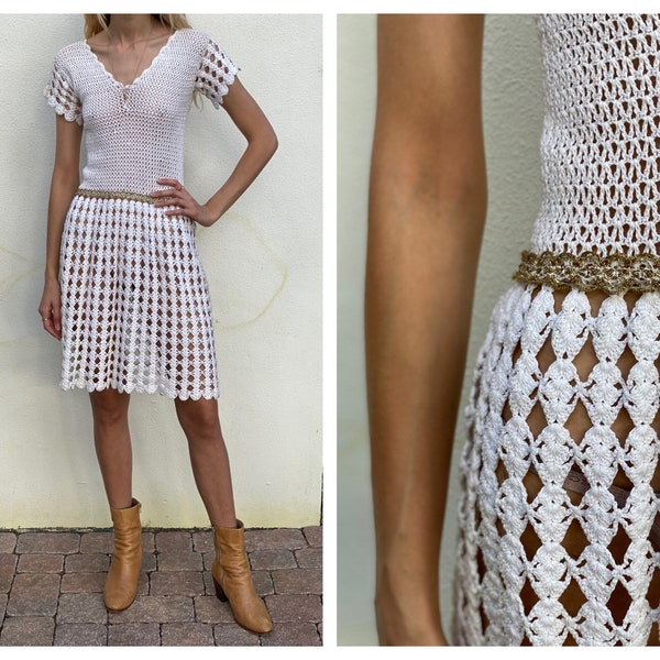 1960s Dress / Crochet and Gold Dress / Haute Hippie Dress / Sheer See Through Dress / Modern 60's Midi Dress / Semi Sheer Dress