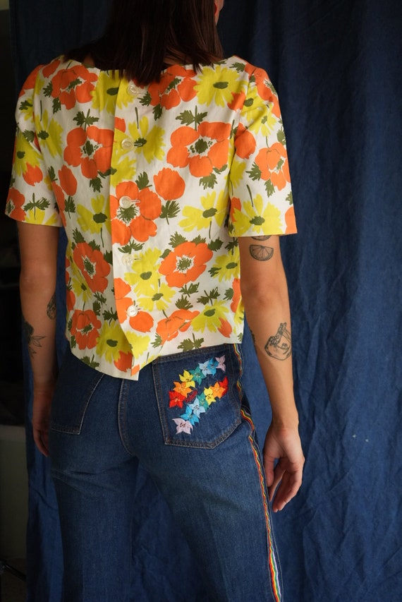 70's Embroidered Jeans / Rainbow Dark Wash Denim … - image 4