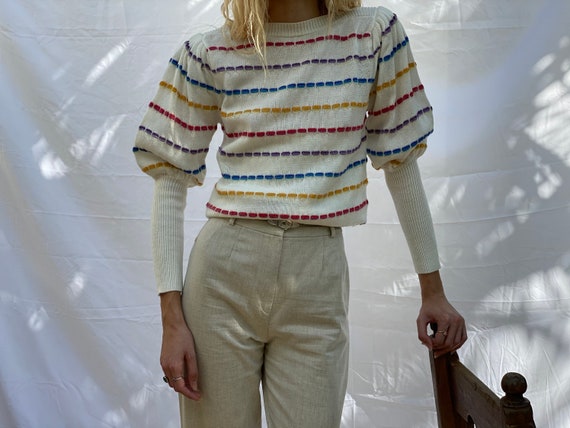 Vintage Puffed Sleeves Sweater / Rainbow Stripe Kn