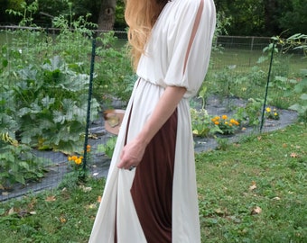 1970s Maxi Dress Haute Hippie Evening Gown With Side Slits on the Sleeves Peekaboo Fringe Dress Prairie Cream Maxi Dress Etsy