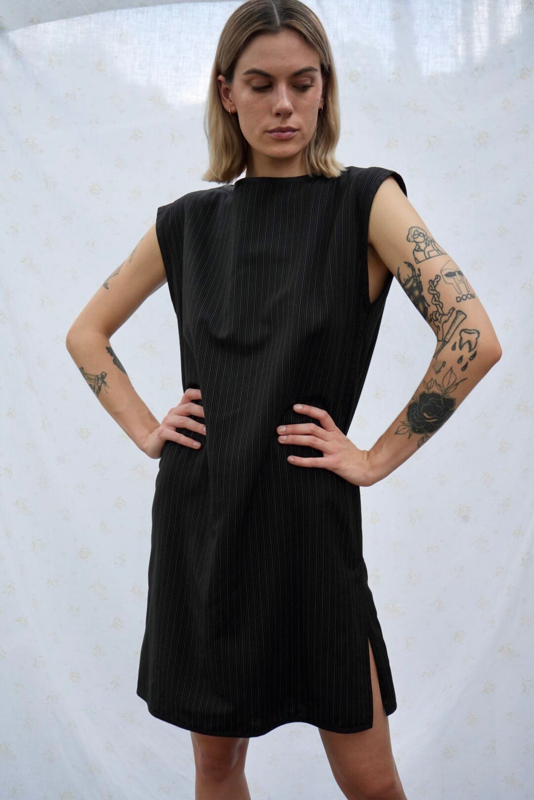 Yves Saint Laurent Dress / Pinstripe Wool Shift Sleeveless