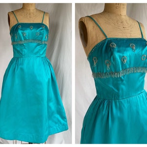 1960&#39;s Cocktail Dress / Fringe Beaded Satin Party Dress / Wedding Bridal Party / Bridesmaid Anniversary Dress / Wedding Guest Dress