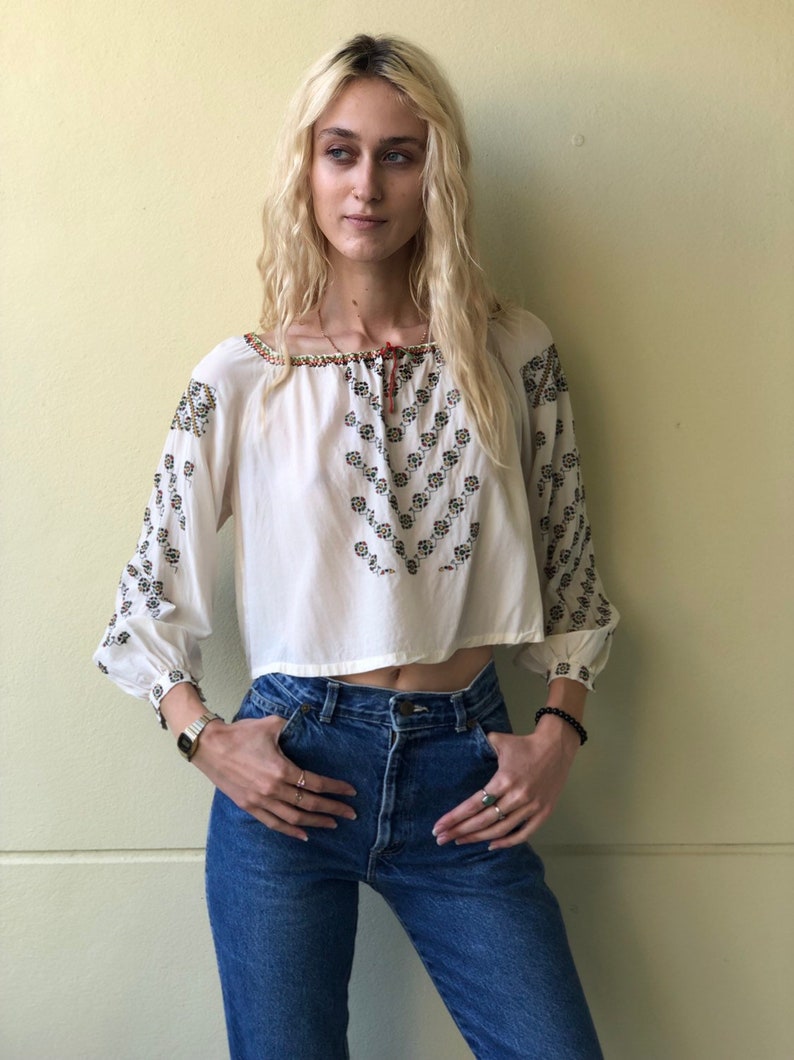 Vintage Embroidered Peasant Blouse Colorful Threading Hungarian Hippie Rayon Blouse Penny Lane Blouse Traditional Russian Embroidery
