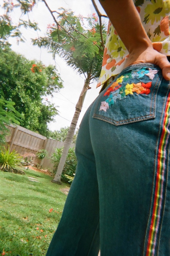 70's Embroidered Jeans / Rainbow Dark Wash Denim … - image 10