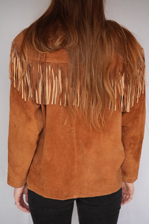 ジャケット・アウター 90s suede fringe collar Liz Wear VTG Leather Suede Jacket Sz M Caramel Tan Fringe