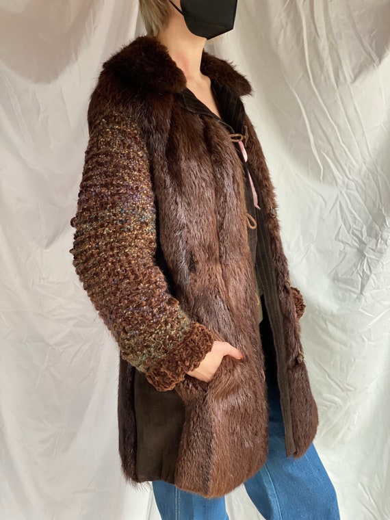 1980s Fur and Chenille Knit Coat / Brown Seventie… - image 2