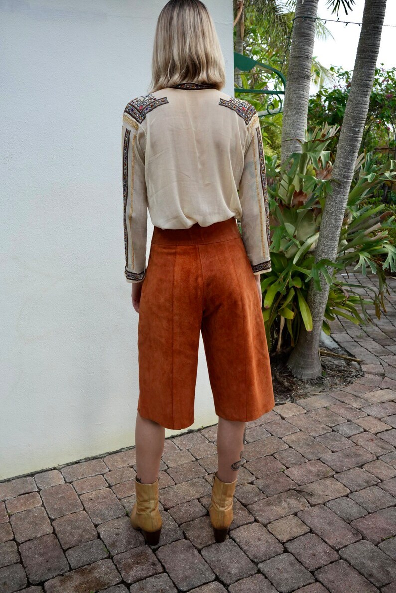 70s Leather Gaucho Pants / Copper Brown Suede Leather Pants / Seventies High Waist Gauchos / High Waist Trousers / High Waters image 4