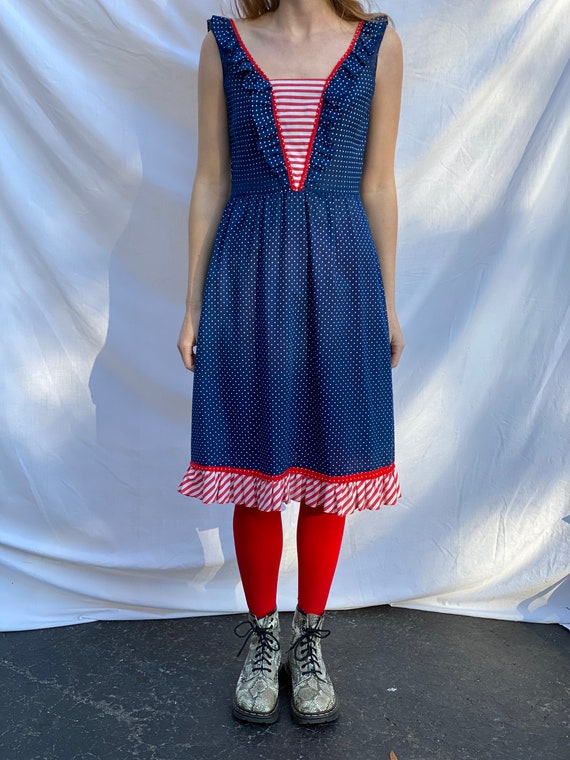 Vintage Summer Dress / Swiss Dotted Blue Red and … - image 6