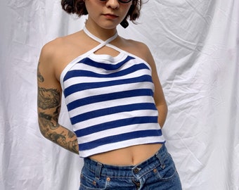 1970s Halter Top / Striped Nautical Summer Shirt / Crop Top / Vintage Backless Shirt / Sun Top / Seventies Festival Shirt