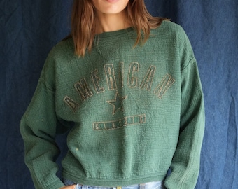 1990's Sweatshirt / Cotton Sweatshirt / Crop Top Pullover / Sweats / Washed Out Green Pullover / Unisex /  Gender Neutral