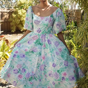 Vintage Cotton Floral Puff Sleeves Dress / Victor Costa Designer Dress / Full Circle Skirt Cocktail Dress / Bridal Party Dress