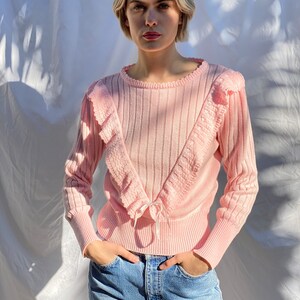 80s Pink Sweater / Ribbon Sweater / Knit 1980's Sweater / Vintage Slim Cut Fit Sweater Knitwear / Baby Pink Cute Sweater image 5