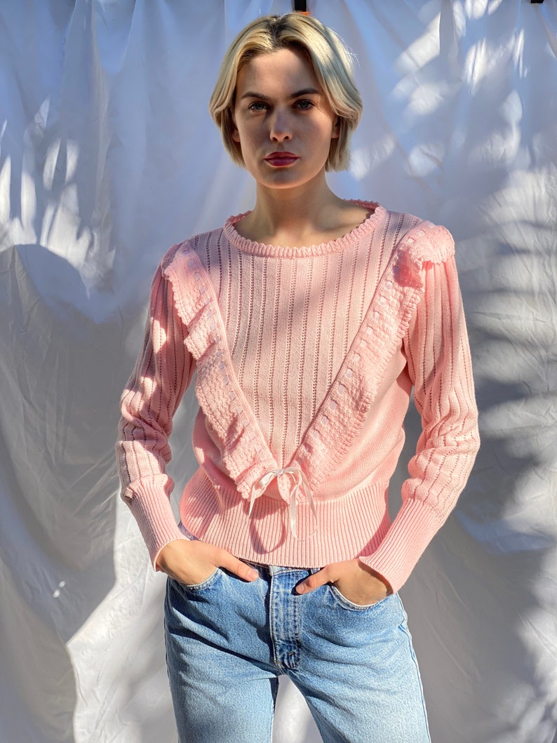 80s Pink Sweater / Ribbon Sweater / Knit 1980's Sweater / Vintage Slim Cut Fit Sweater Knitwear / Baby Pink Cute Sweater image 5