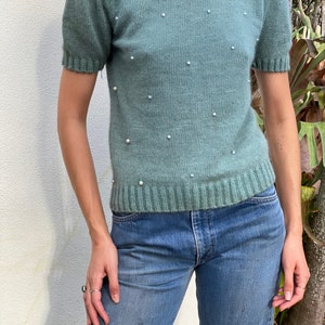 Vintage Pearl Sweater / 80's Beaded Fuzzy Sweater / Slouchy Knit Top / Silk Angora Ramie Knit Top / Secretary Sweater image 4